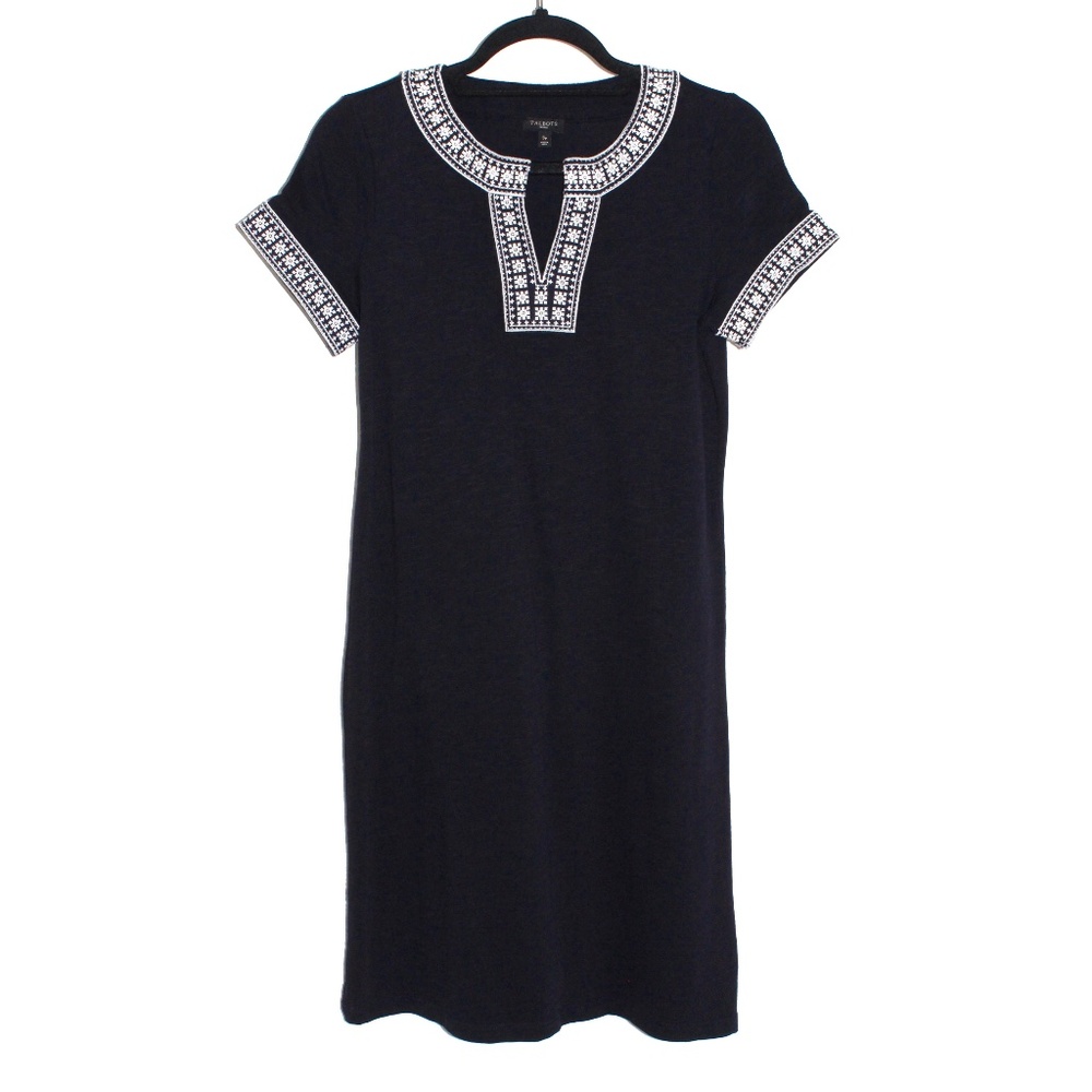 Talbots Split Neck Slub Cotton Embroidered Shift Dress